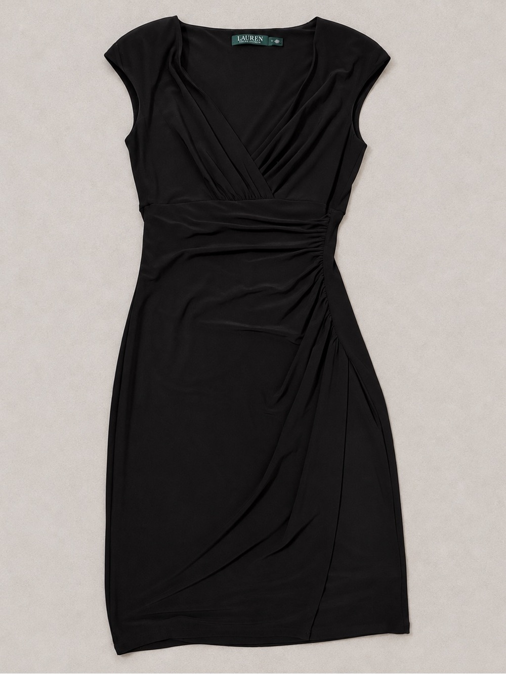Lauren Ralph Lauren Black Faux-Wrap Cap Sleeve Midi Dress Size 0